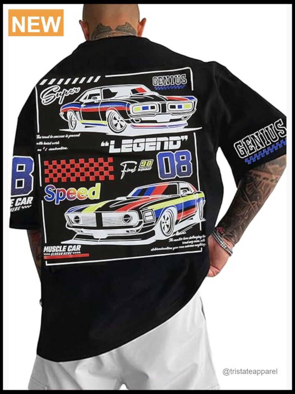 Streetwear Car Print Tee Crew Neck Short Sleeve Men's